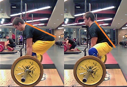 Note how the sumo deadlift has a much more vertical back angle. This position requires less lower back strength to maintain.