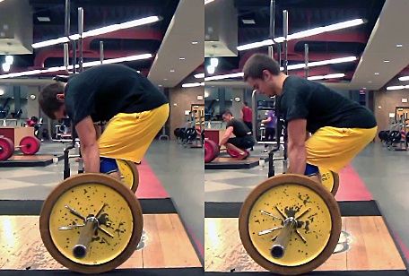 Notice the shorter distance between the shoulders and hips with the round back. Also notice the shorter distance between the hips and the bar. Lastly, note the more open hip and knee angles when you round your back.
