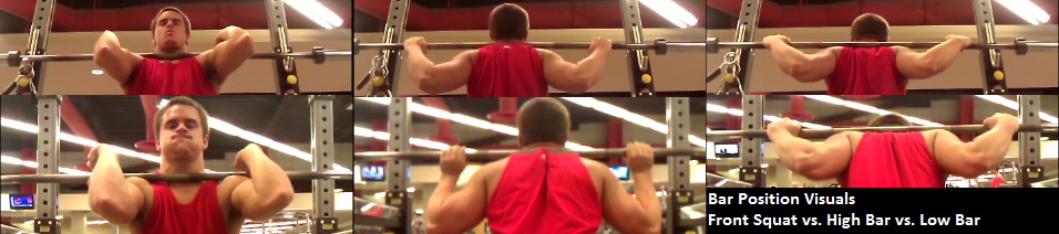 Bar Positions, in order from left to right: Front Squat, High Bar, Low Bar.