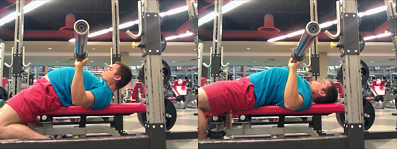 Head up, low touch bench press (left) vs. high chest, straight line bench (right).