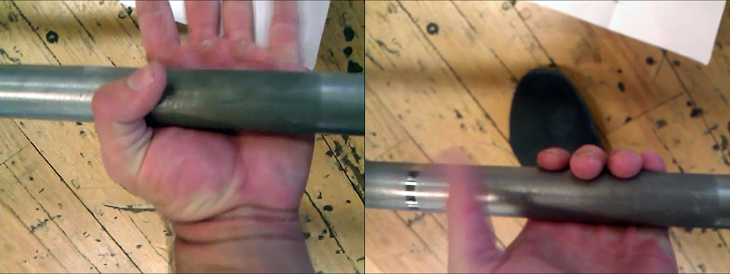 Do not grip the bar deep in your palm (left). Grip the bar at the base of your fingers (right). This is where it will end up in a heavy pull anyways.