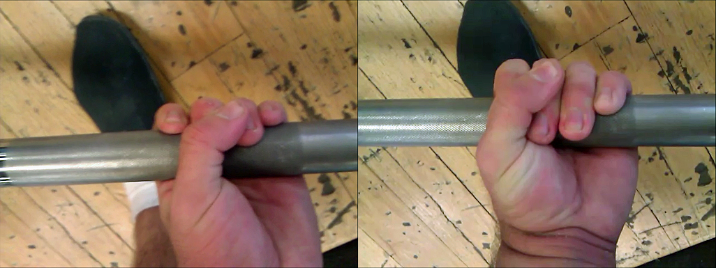 Instead of using a "finger lock" (right), consider using a "nail lock" (left) to secure your grip. Nails provide more friction and the nail lock lets the bar sit further down in the fingers thus increasing the length of your arm.