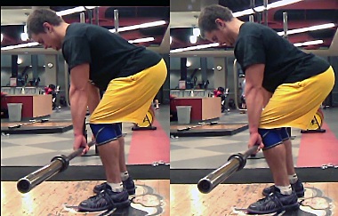 The bar wants to swing out directly underneath the shoulder (left). The lats keep it from doing so (right).