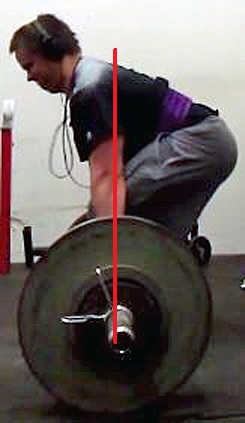 Proper alignment in the deadlift start positions occurs when the bar is directly over the mid-foot and directly underneath the scapula with the shoulders slightly in front of the bar.