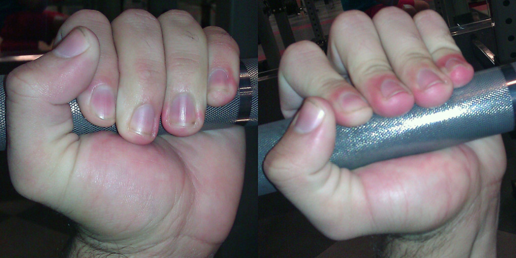 Most people carry the bar too far back in the hand (left). Carry the bar as close to the heel of the palm as possible (right).