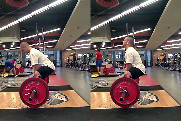 Most people THINK their sumo deadlift starting position should be closer to the picture on the right. In reality, most people will be even more bent over than I am in the left picture (I have long arms and good flexibility).