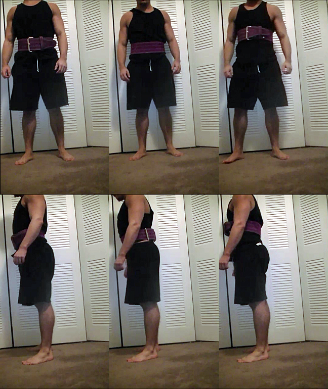 Here are the three common ways to wear a belt for deadlifts (left to right): 1) slightly loose, 2) backwards (my preference), and 3) super high just underneath the chest.