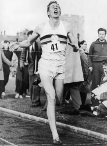 Roger Bannister crossing the tape at the end of his record breaking mile run at Iffley Road, Oxford. He was the first person to run the mile in under four minutes, with a time of 3 minutes 59.4 seconds. (Photo by Keystone/Getty Images)