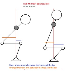 merk op dat de low bar squat een kortere hefboom op de knie ruilt voor een langere op de heupen.